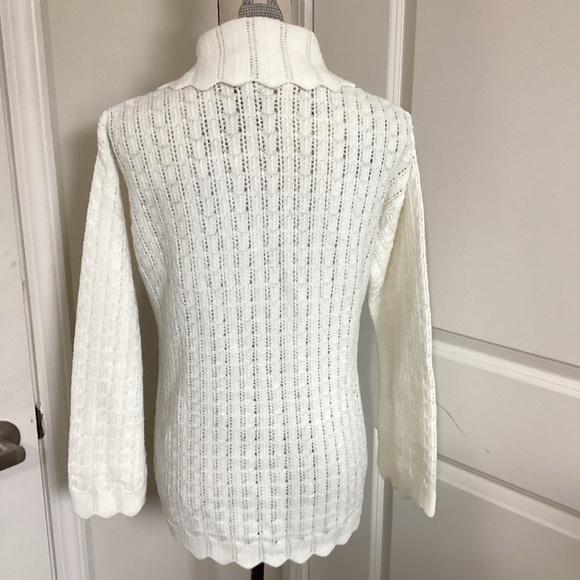 Women’s Cream Knit Collared LS Button Down Sweater Cardigan Zigzag Hem/Edges - Picture 3 of 5
